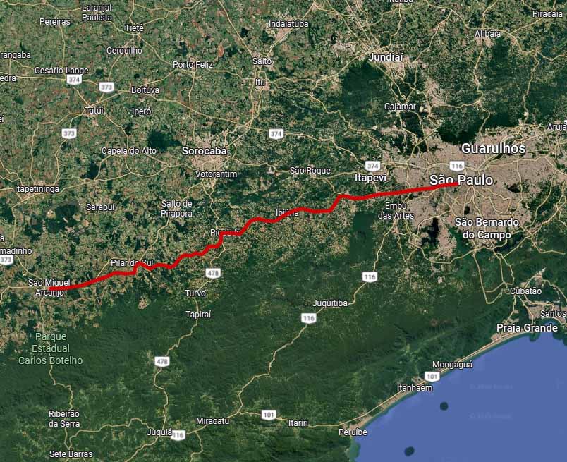Mapa da rota entre São Paulo e São Miguel Arcanjo